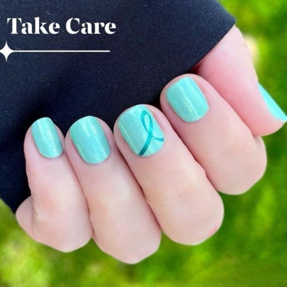 Color Street, Take Care, shimmering mint green with awareness ribbon.